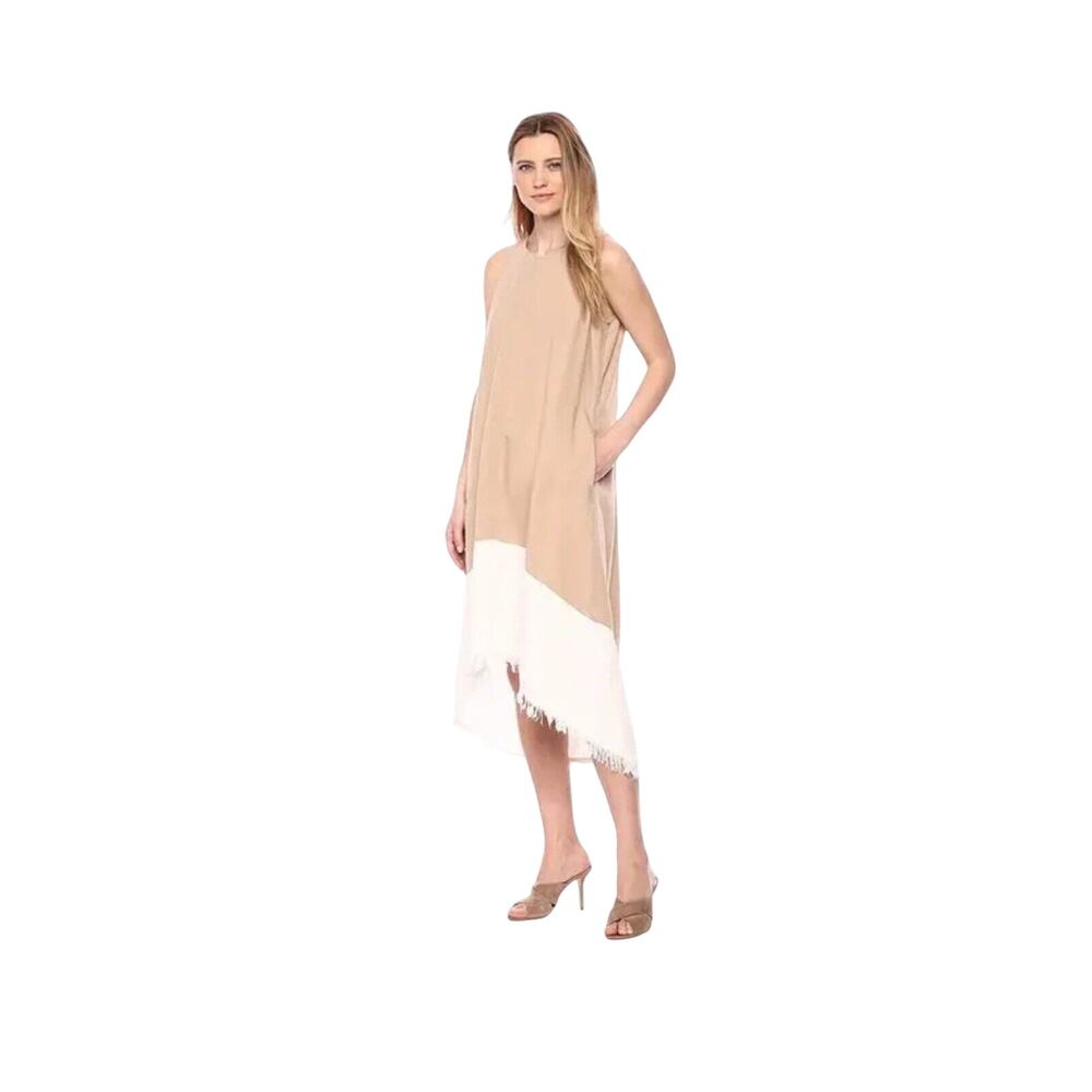 Nanette Lepore Dress Size 14 Sleeveless Cream And White Color Block Frayed Hem